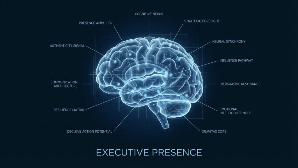 Diagram of Executive Presence visualizing neural pathways and biological function related to authority and composure.