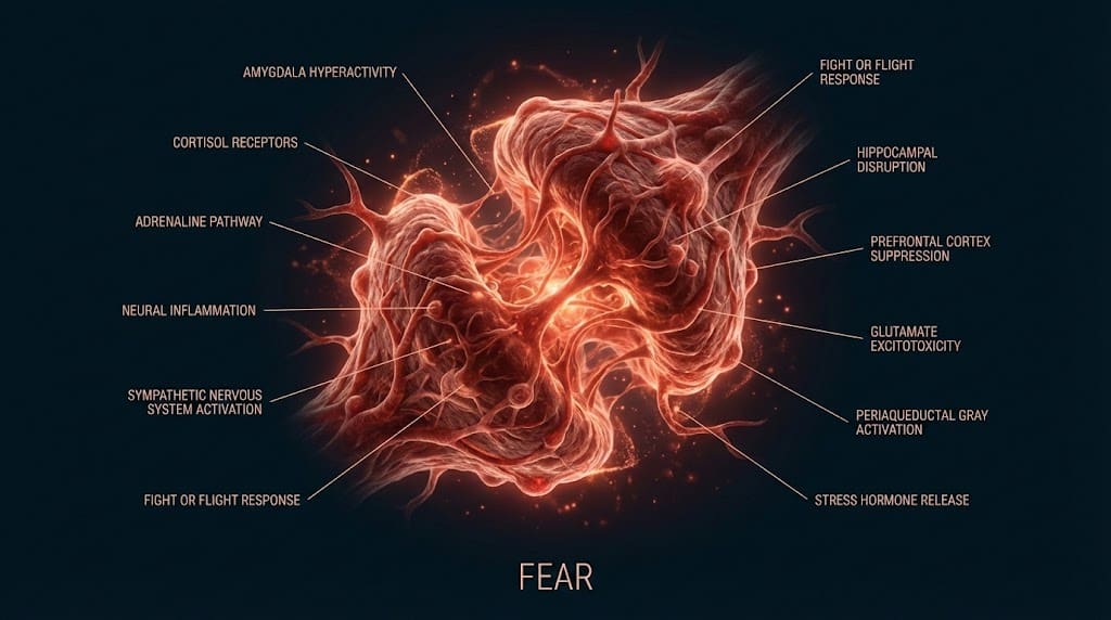 Biological diagram of the amygdala hijacking the prefrontal cortex during the fear response.
