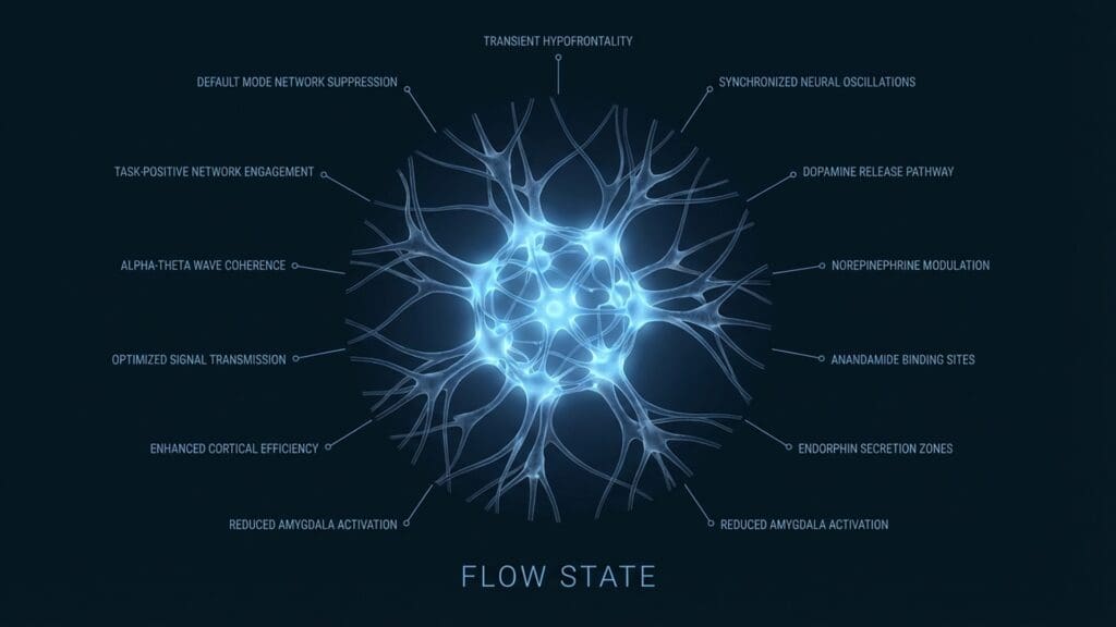 Diagram of Flow State visualizing neural pathways and biological function involving transient hypofrontality.