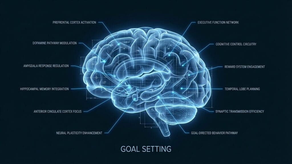 Diagram of Goal Setting visualizing neural pathways and biological function related to reward prediction and dopamine.