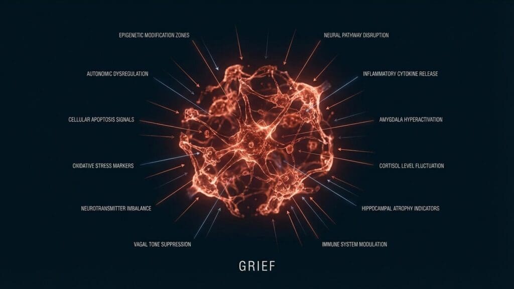 Neuroscientific visualization of the brain's limbic system processing loss and emotional regulation.