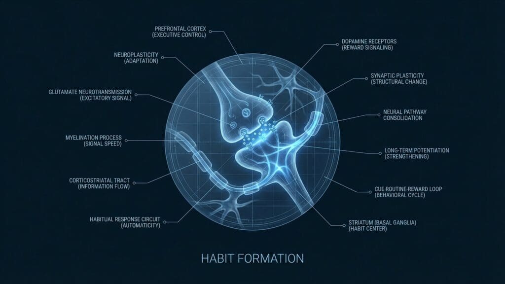 Diagram of habit formation visualizing neural pathways and biological function in the basal ganglia.