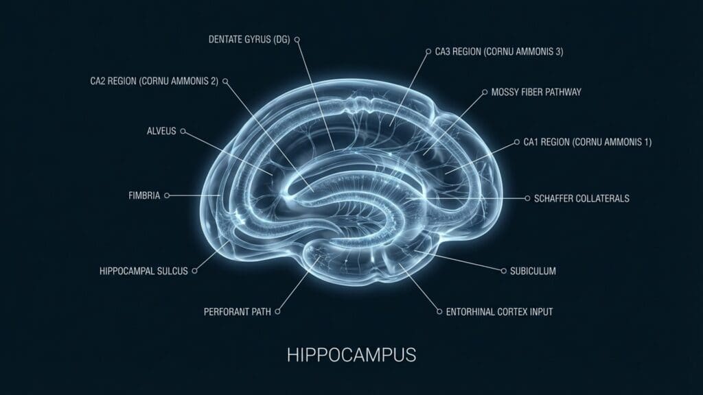 Diagram of the Hippocampus visualizing memory consolidation and spatial navigation.