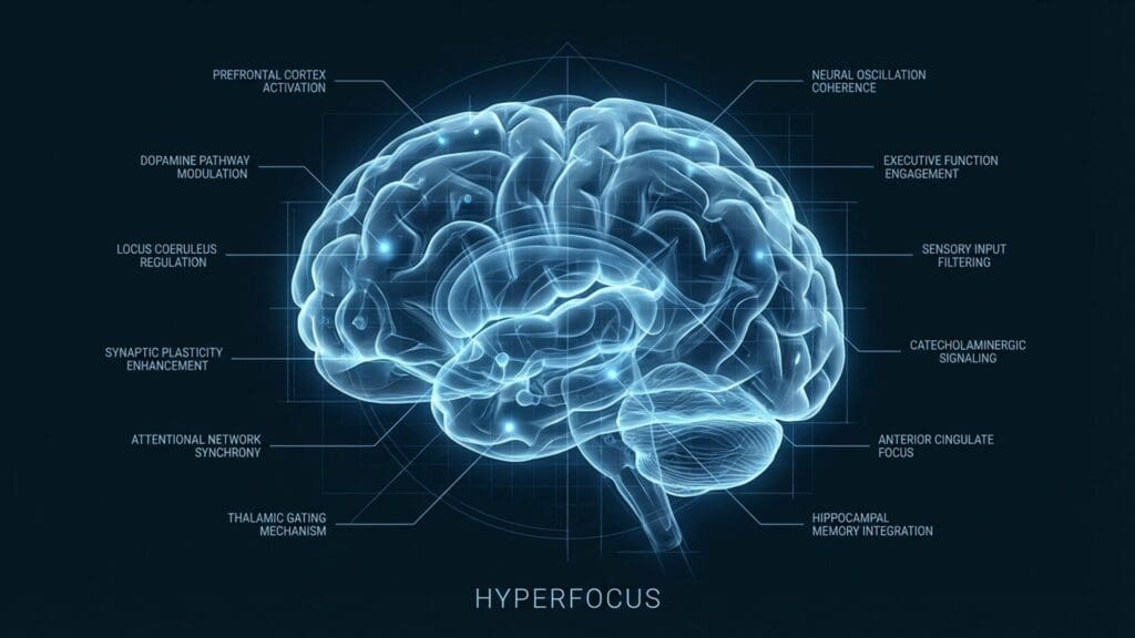 Diagram of hyperfocus visualizing neural pathways and biological function involving norepinephrine modulation.