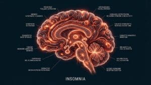 Diagram of Insomnia visualizing hyperarousal in the cortex and disrupted sleep architecture.