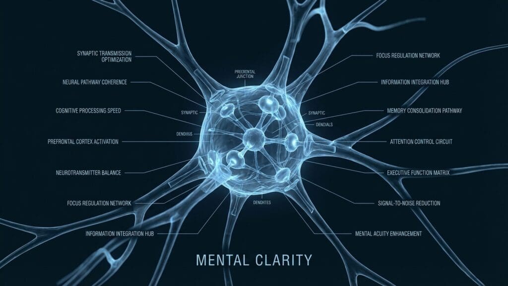 Diagram of mental clarity visualizing neural pathways and biological function reducing cortical noise.