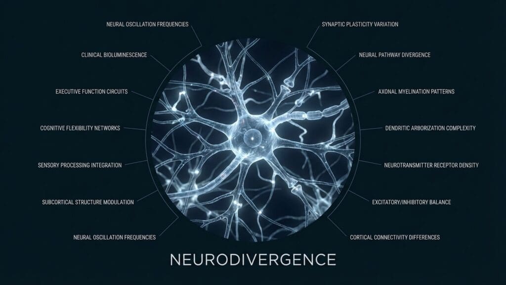Medical visualization of Neurodivergence showing unique neural connectivity patterns.