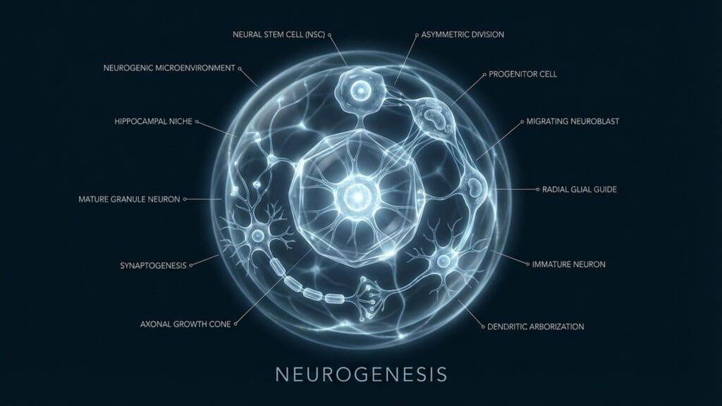 Diagram of Neurogenesis visualizing the growth of new neurons in the brain.