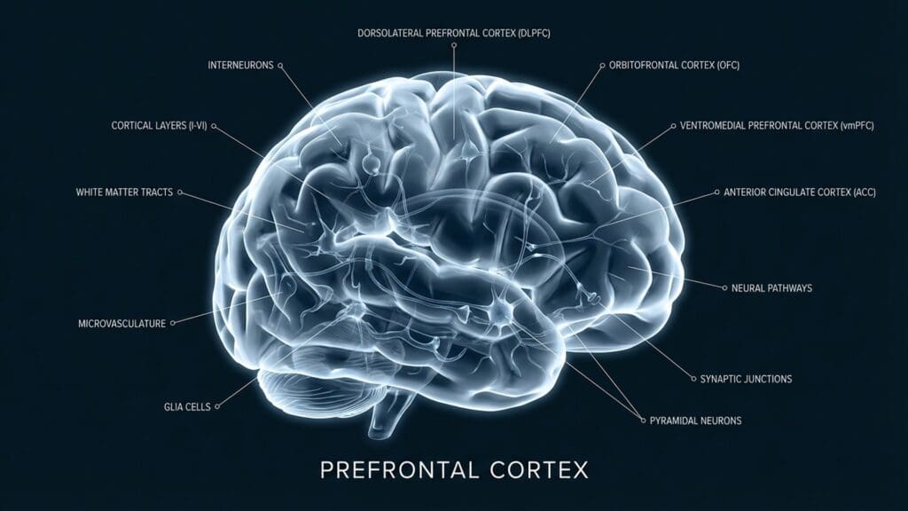 Anatomical rendering of the Prefrontal Cortex highlighting executive function areas.