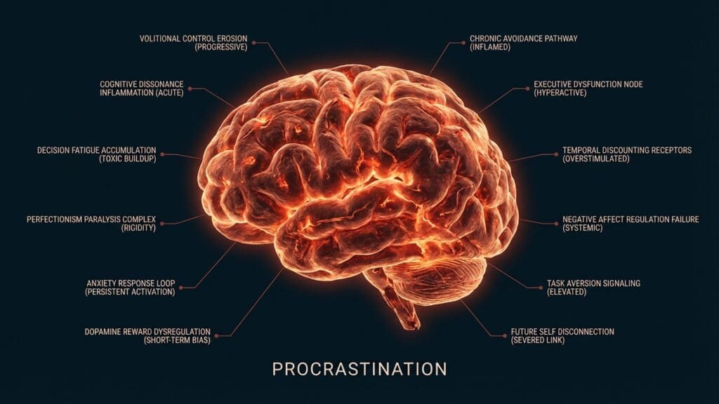 Diagram of the conflict between the limbic system and prefrontal cortex in Procrastination.