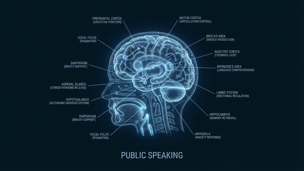 Diagram of Public Speaking visualizing neural pathways and biological function related to verbal fluency and cortisol regulation.