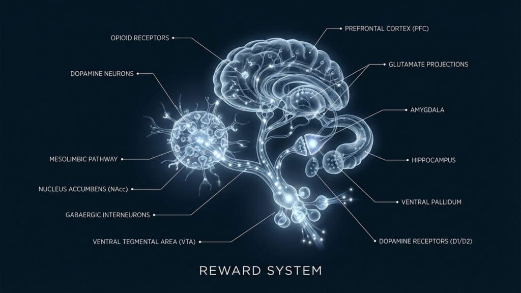 Neural mapping of the mesolimbic dopamine pathway and Reward System.
