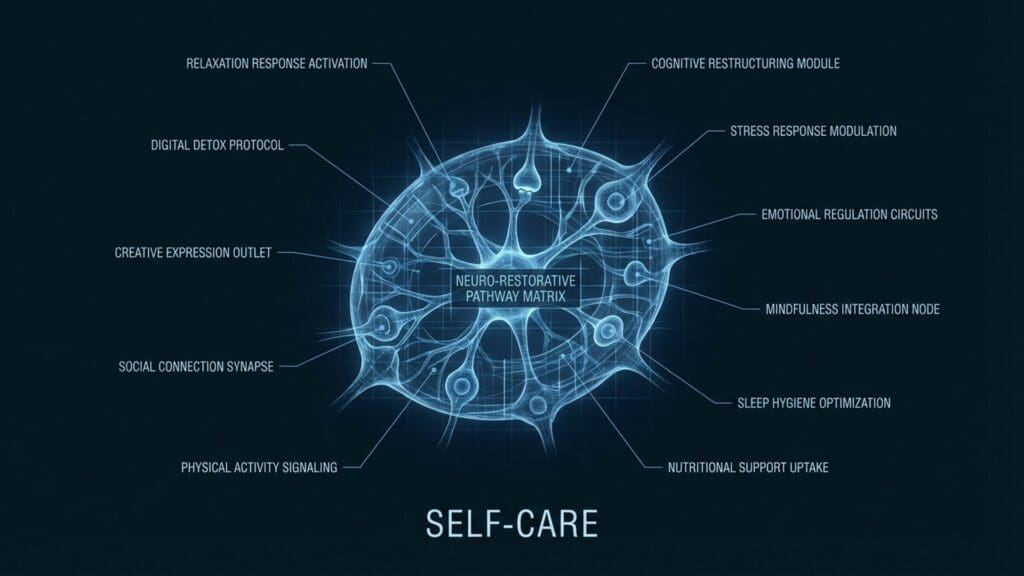 Diagram of self care visualizing neural pathways and biological function related to stress hormone reduction.