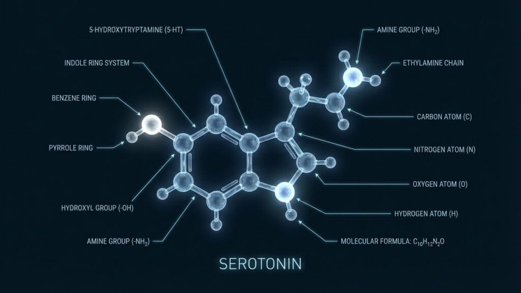 Biological illustration of Serotonin receptors and neurotransmission.