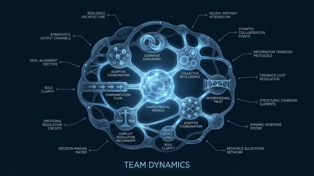 Diagram of Team Dynamics visualizing neural pathways and biological function regarding mirror neurons and empathy.
