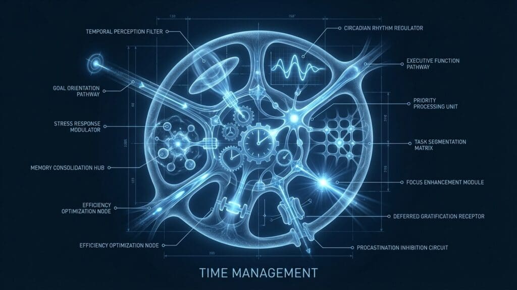 Diagram of Time Management visualizing neural pathways and biological function related to temporal processing and focus.