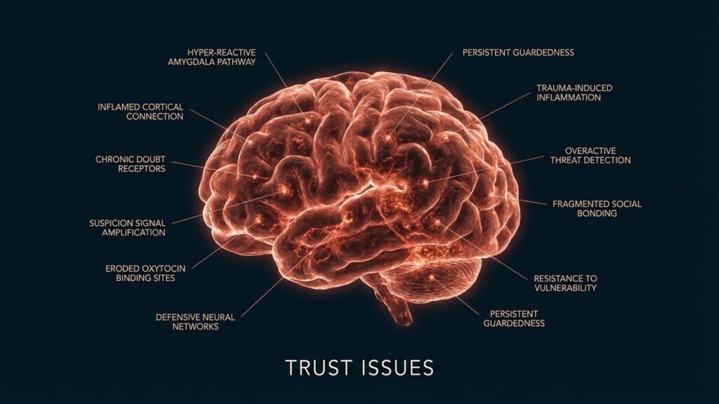 Diagram of trust issues visualizing neural pathways and biological function within the amygdala and prefrontal cortex.