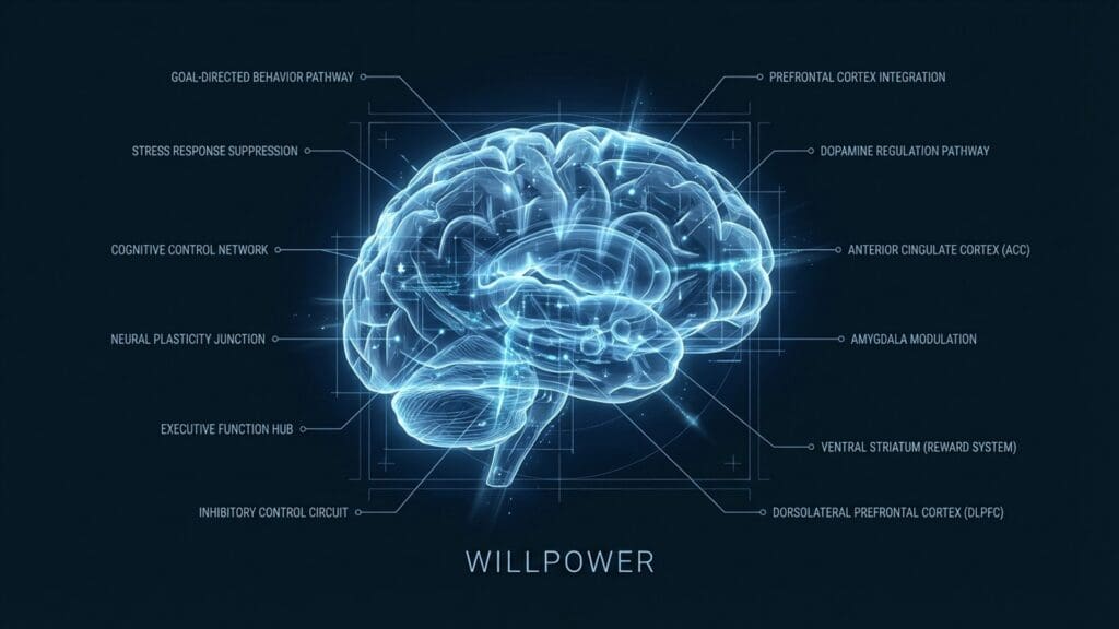 Diagram of Willpower visualizing neural pathways and prefrontal cortex activation.