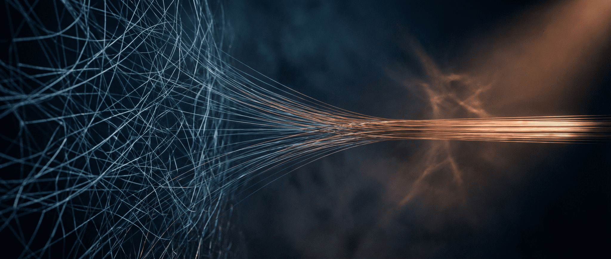 Dense luminous neural threads condensing into single focused copper beam of clarity in deep navy void