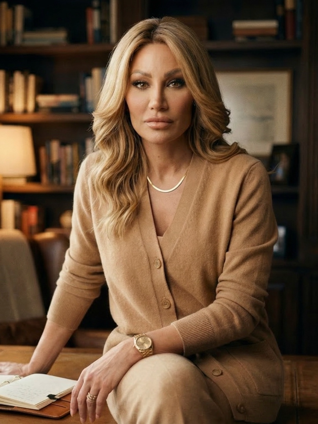 Dr. Sydney Ceruto neuroscientist in private study library wearing camel cardigan