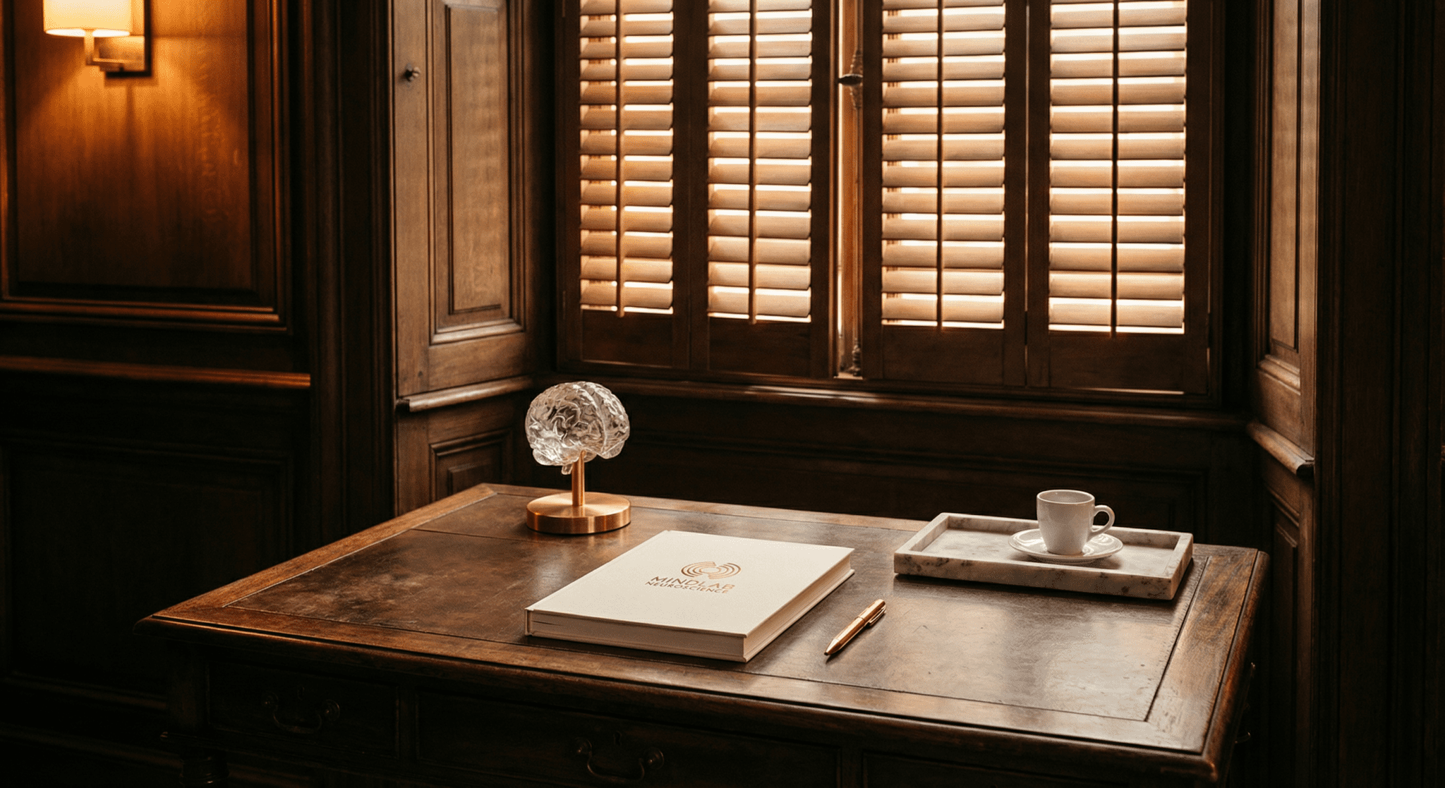 Antique rosewood desk with crystal brain sculpture and MindLAB journal in warm amber Lisbon afternoon light with historic European wood paneling