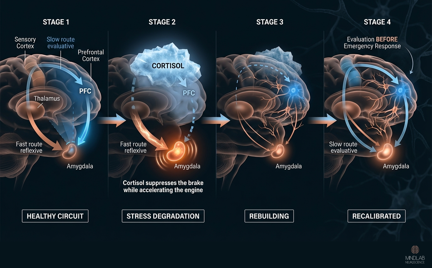 Infographic — prefrontal-amygdala regulation circuit for lasting calm