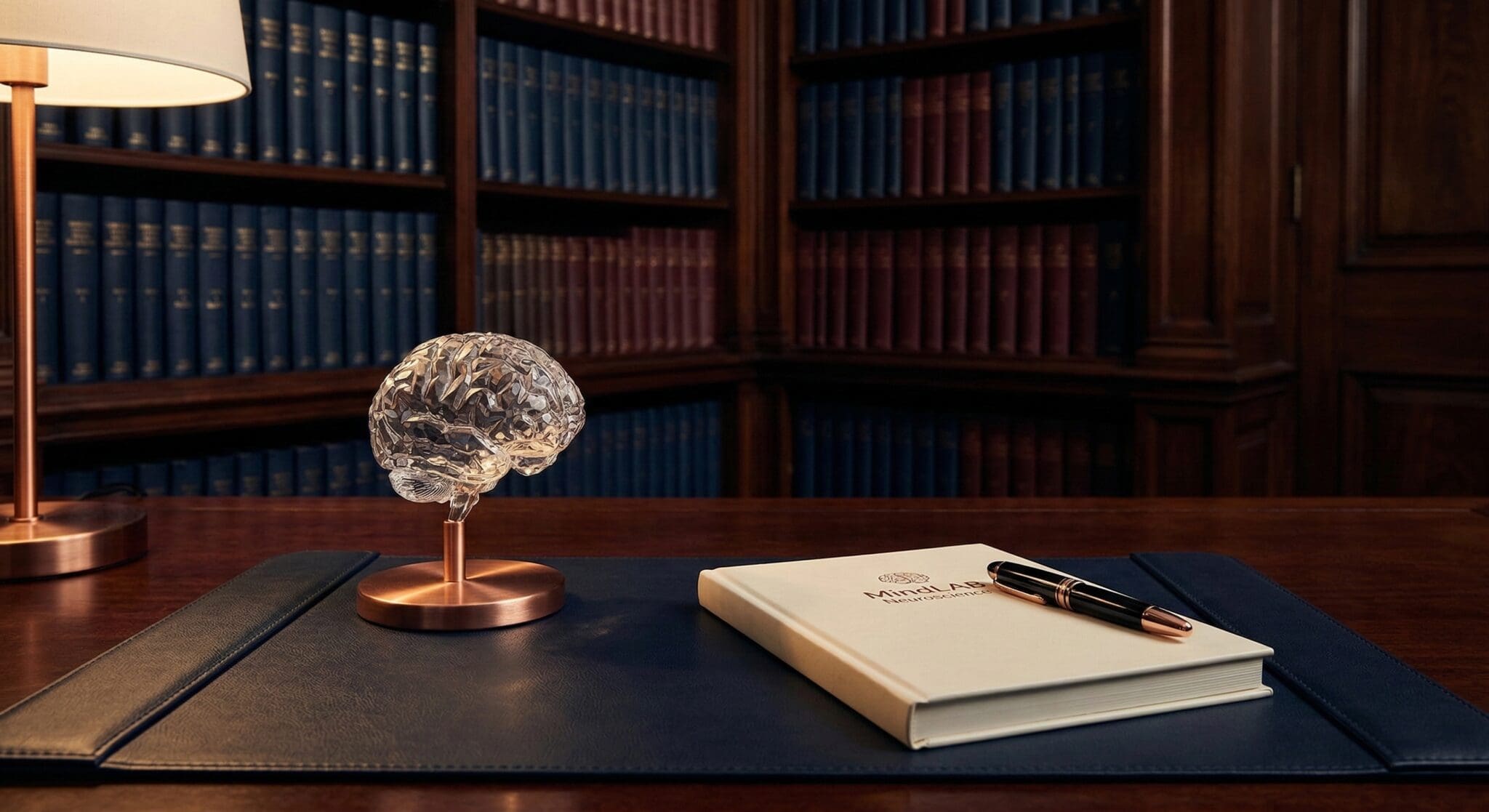 Mahogany desk with crystal brain sculpture and MindLAB journal in warm lamp light surrounded by leather-bound volumes in institutional Wall Street study