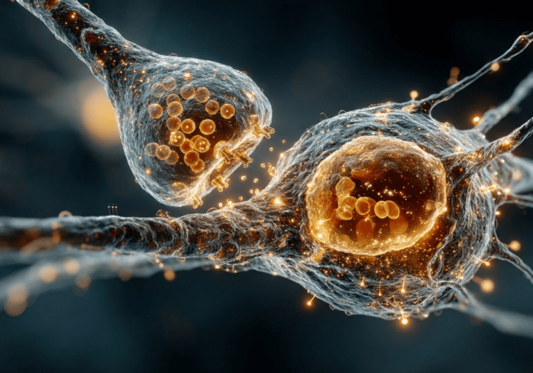 Synaptic vesicles releasing neurotransmitters across a neural synapse illustrating how default mode network patterns reinforce repetitive behavior