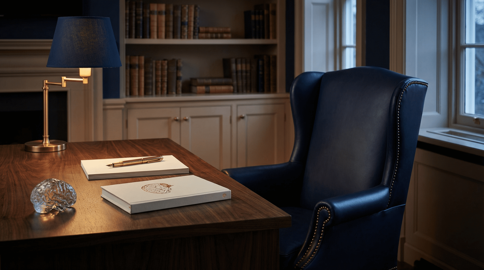 Private study with a navy wingback chair, walnut desk, crystal brain sculpture, and branded journal, in warm directional lighting