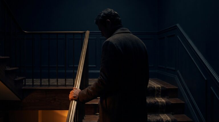 Person standing on premium interior staircase landing, back to camera, hand on railing, contemplative silhouette
