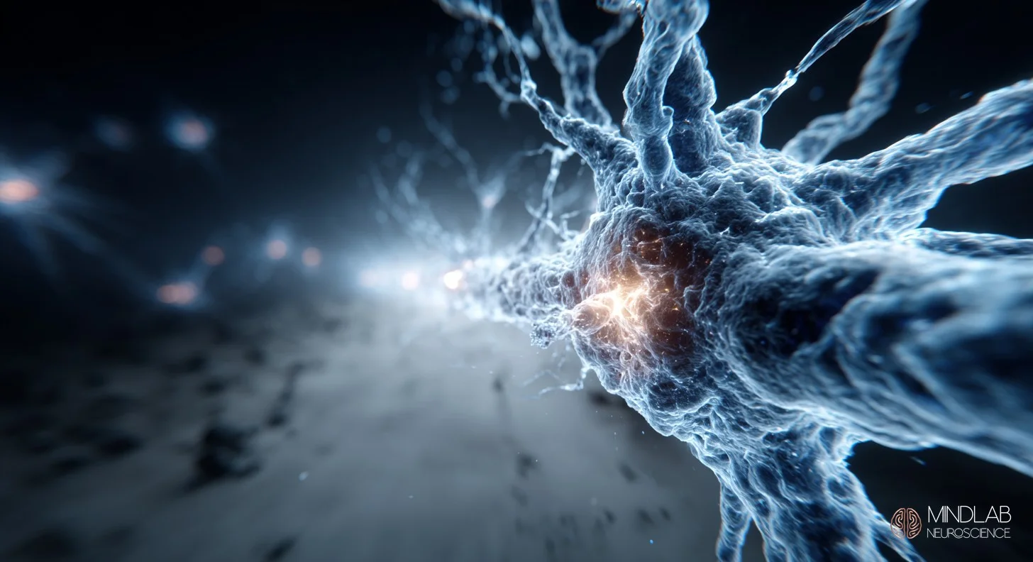 Neural pathway frozen between old patterns and forming new circuits, self-improvement stagnation. MindLab Neuroscience.