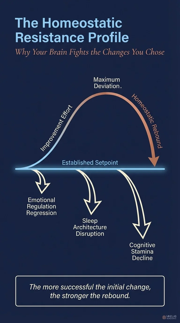 Homeostatic resistance profile showing brain rebound against self-improvement gains. Dr. Ceruto, MindLab Neuroscience.