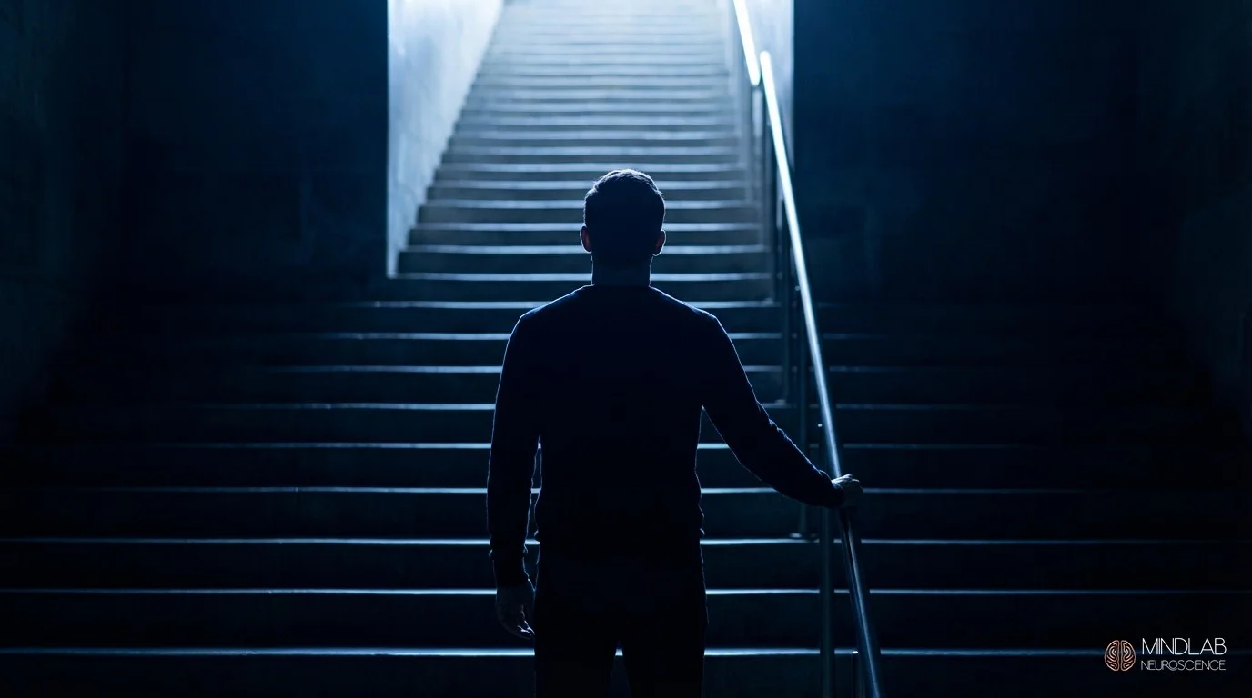 Silhouette at staircase base with steel-blue rim light, resilience through self-improvement plateau. MindLab Neuroscience.