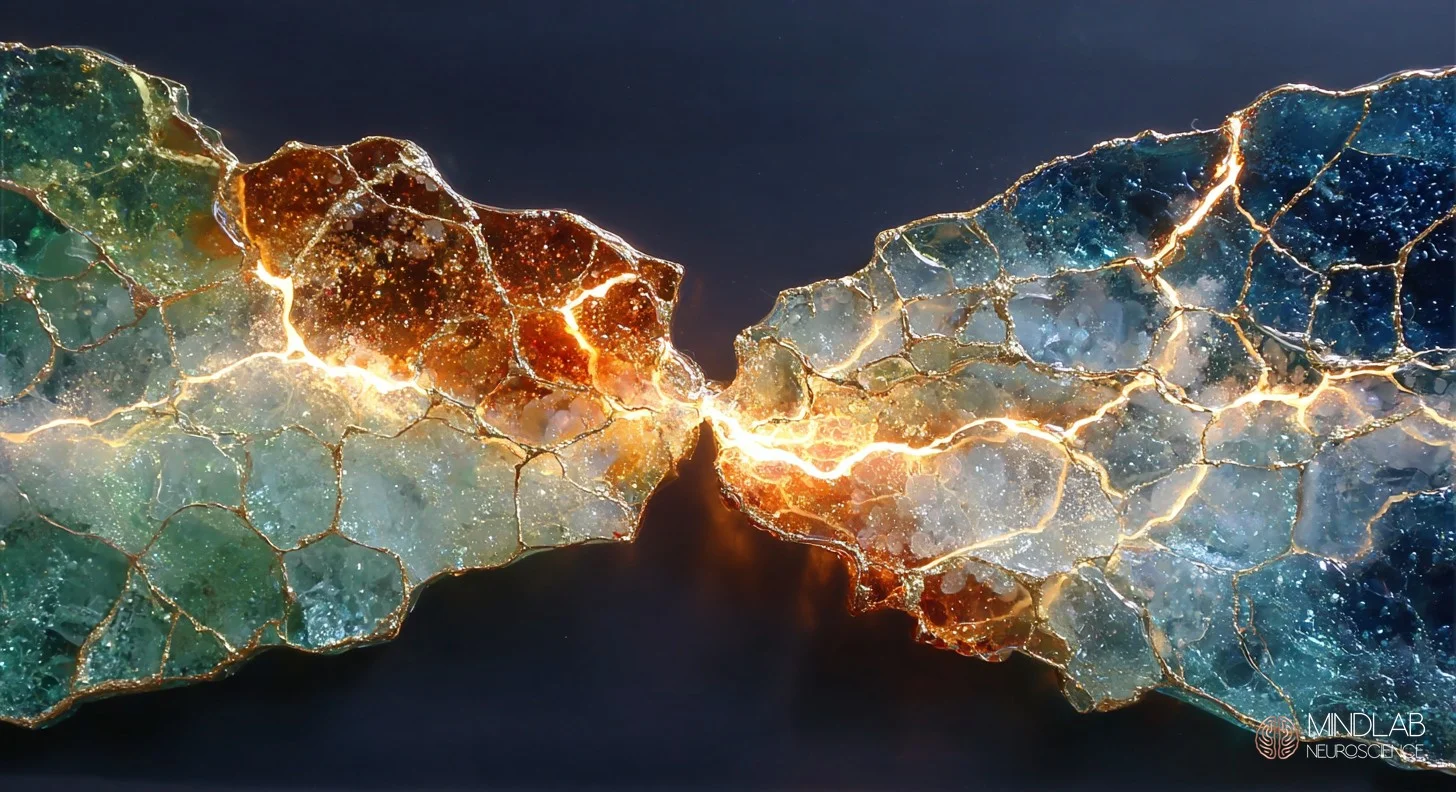 Neural structure fracturing into light and shadow halves depicting BPD splitting mechanism. MindLab Neuroscience.