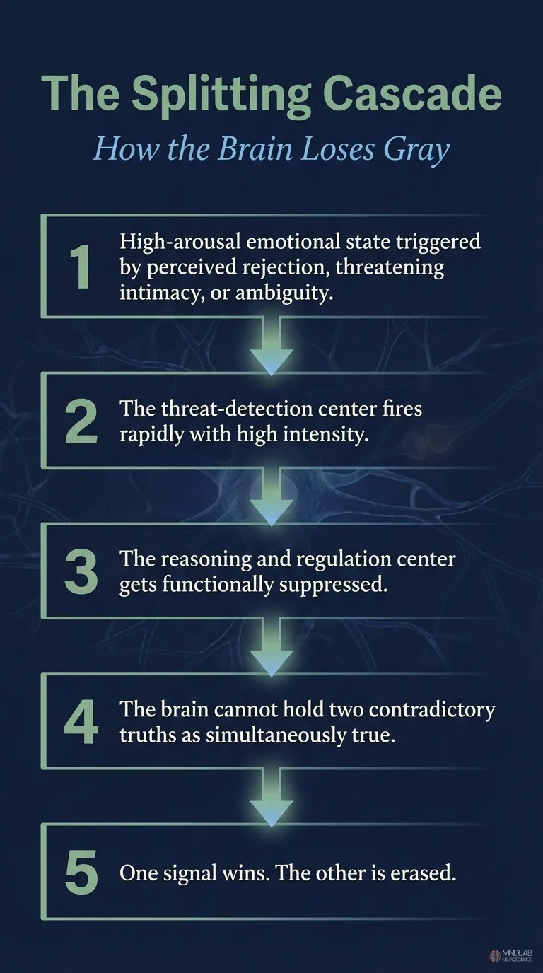 Five-step BPD splitting cascade infographic from emotional trigger to binary erasure. MindLab Neuroscience.