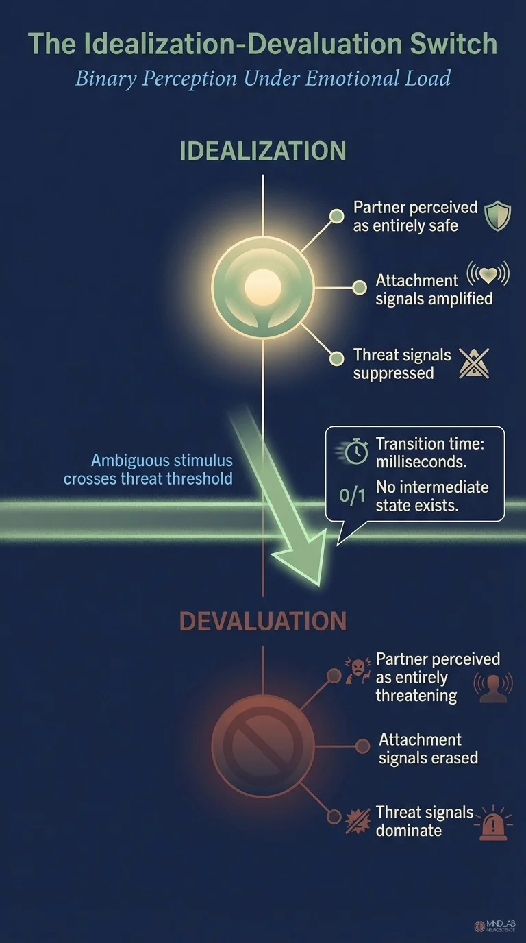 Idealization-to-devaluation switch diagram showing binary perception collapse in BPD. MindLab Neuroscience.