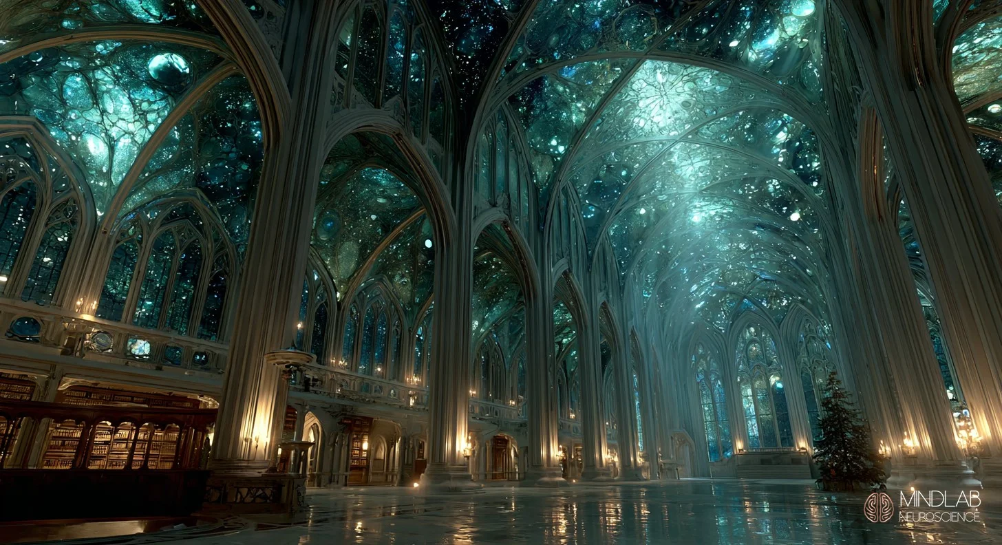 Cortical column as sage-green crystal cathedral depicting mentalization capacity in BPD recovery. MindLab Neuroscience.