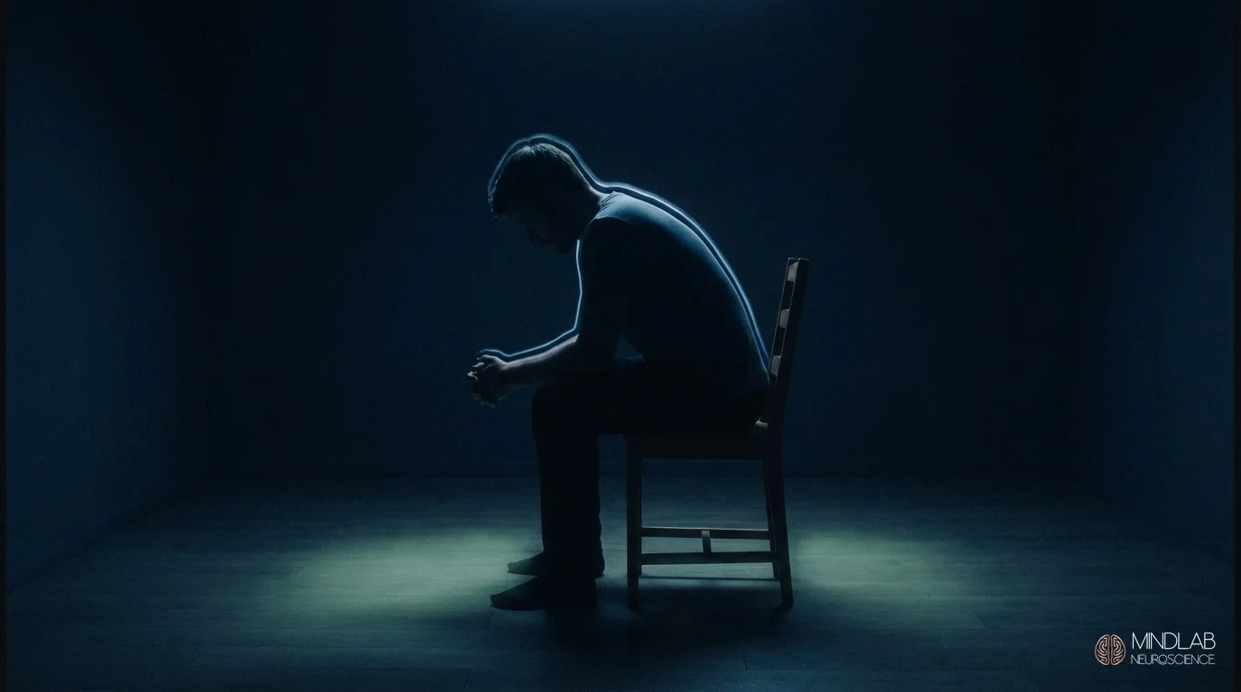 Seated silhouette with steel-blue rim light and sage glow ahead, beginning of BPD understanding. MindLab Neuroscience.