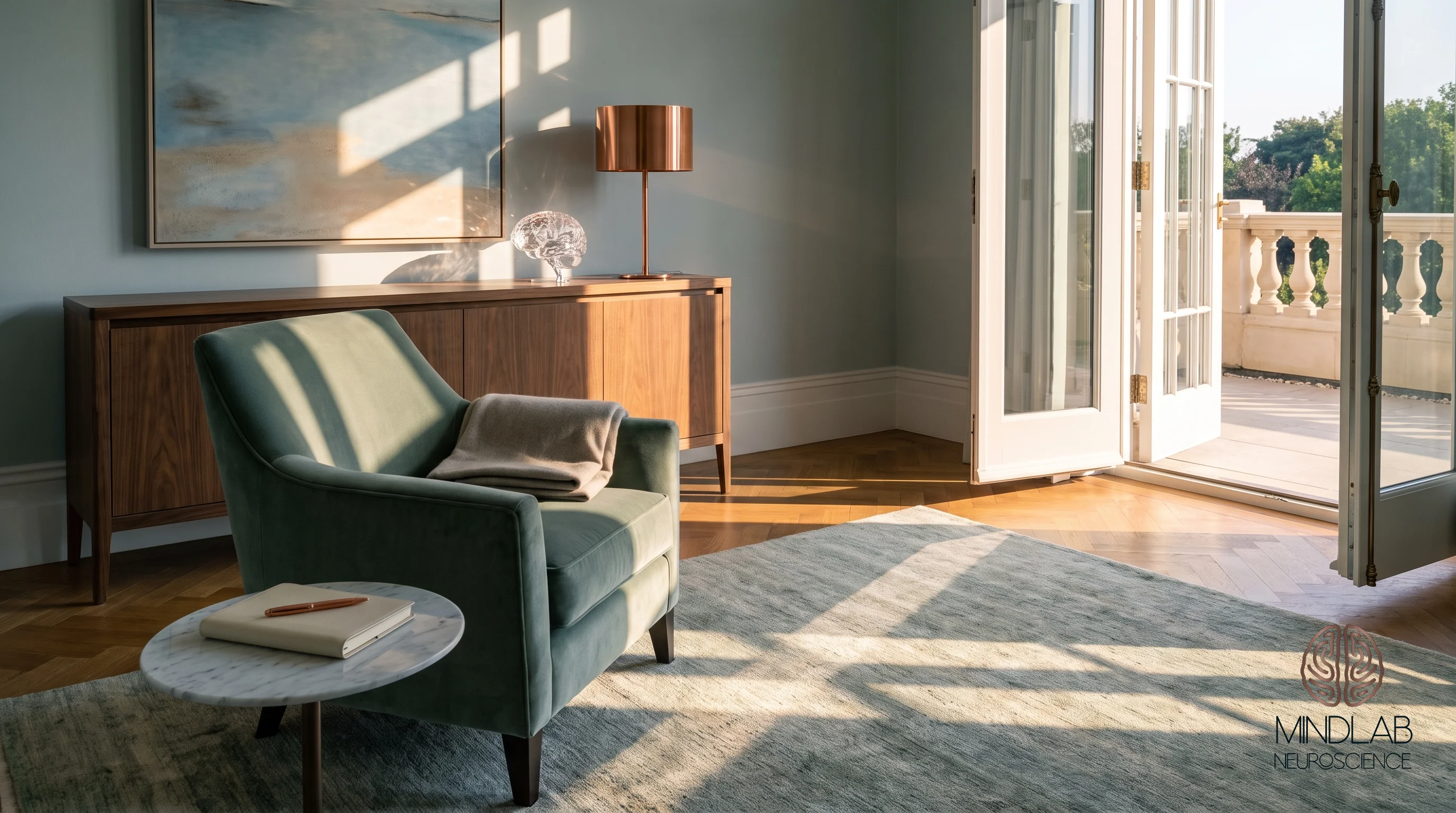 A green velvet armchair by open French doors in morning sun, a closed journal and copper pen on a marble side table