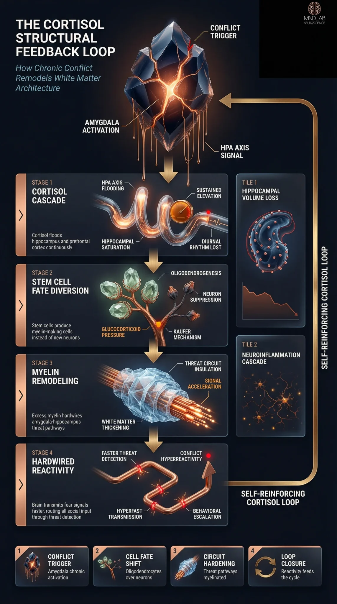 Cortisol feedback loop chronic conflict HPA axis oligodendrocyte overproduction diagram — Dr. Sydney Ceruto, MindLAB Neuroscience.
