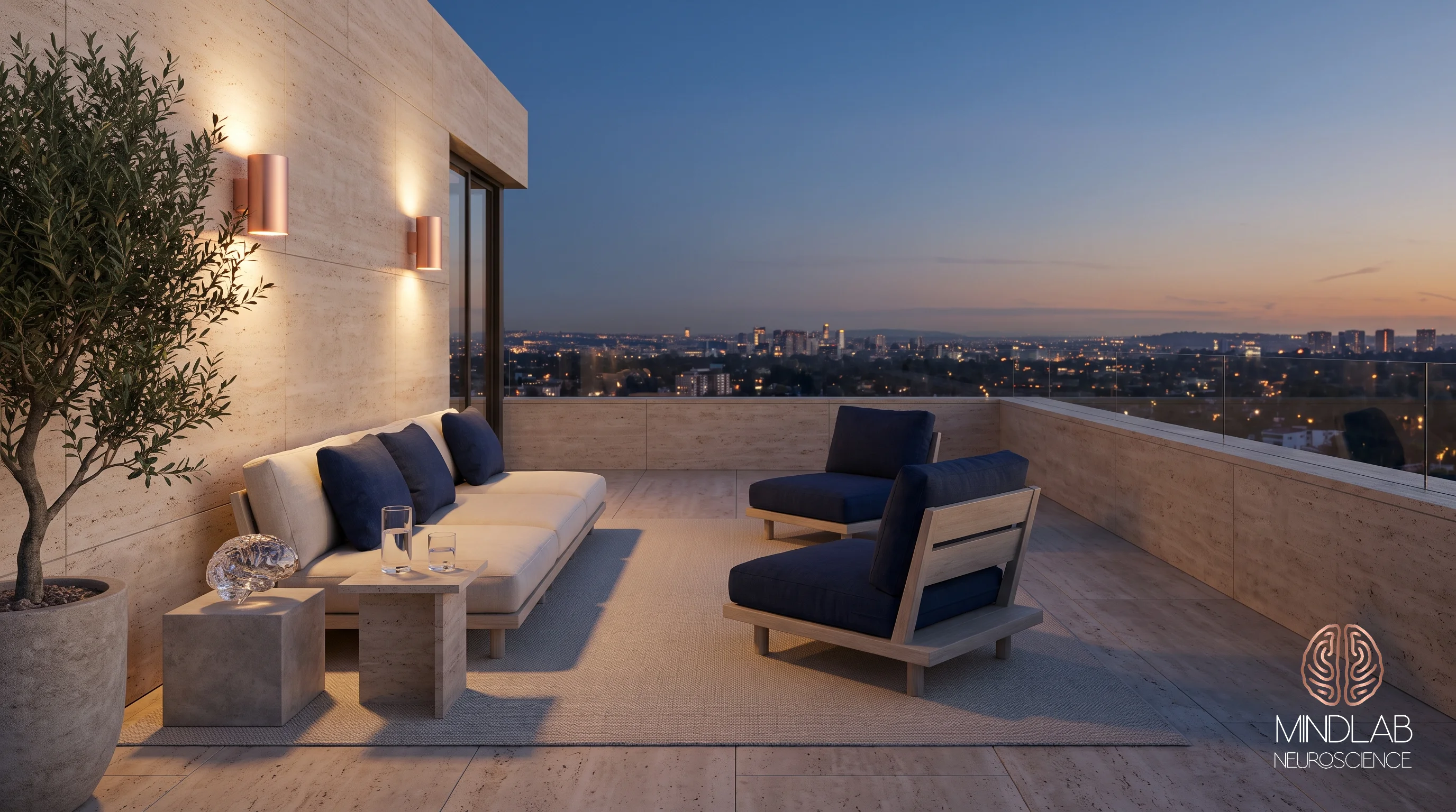 A rooftop terrace at dusk with one full and one empty water glass beside a crystal brain sculpture on a travertine table.