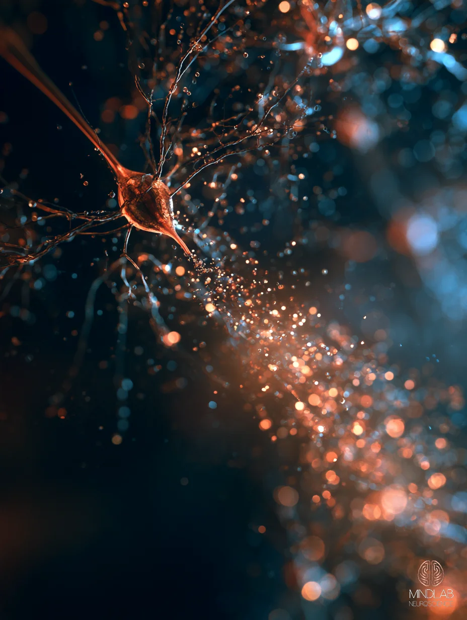 Close-up of a single copper neuron releasing an uneven burst of light particles into deep navy space, a signal that flickers.