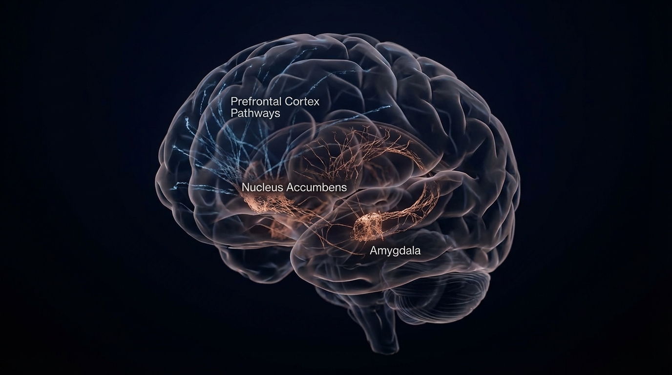Copper brain regions showing reduced density and thinning blue prefrontal pathways