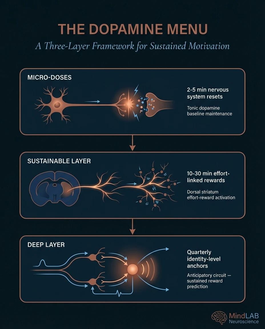 Infographic diagram showing the Dopamine Menu three-layer framework: Micro-Doses, Sustainable Layer, and Deep Layer