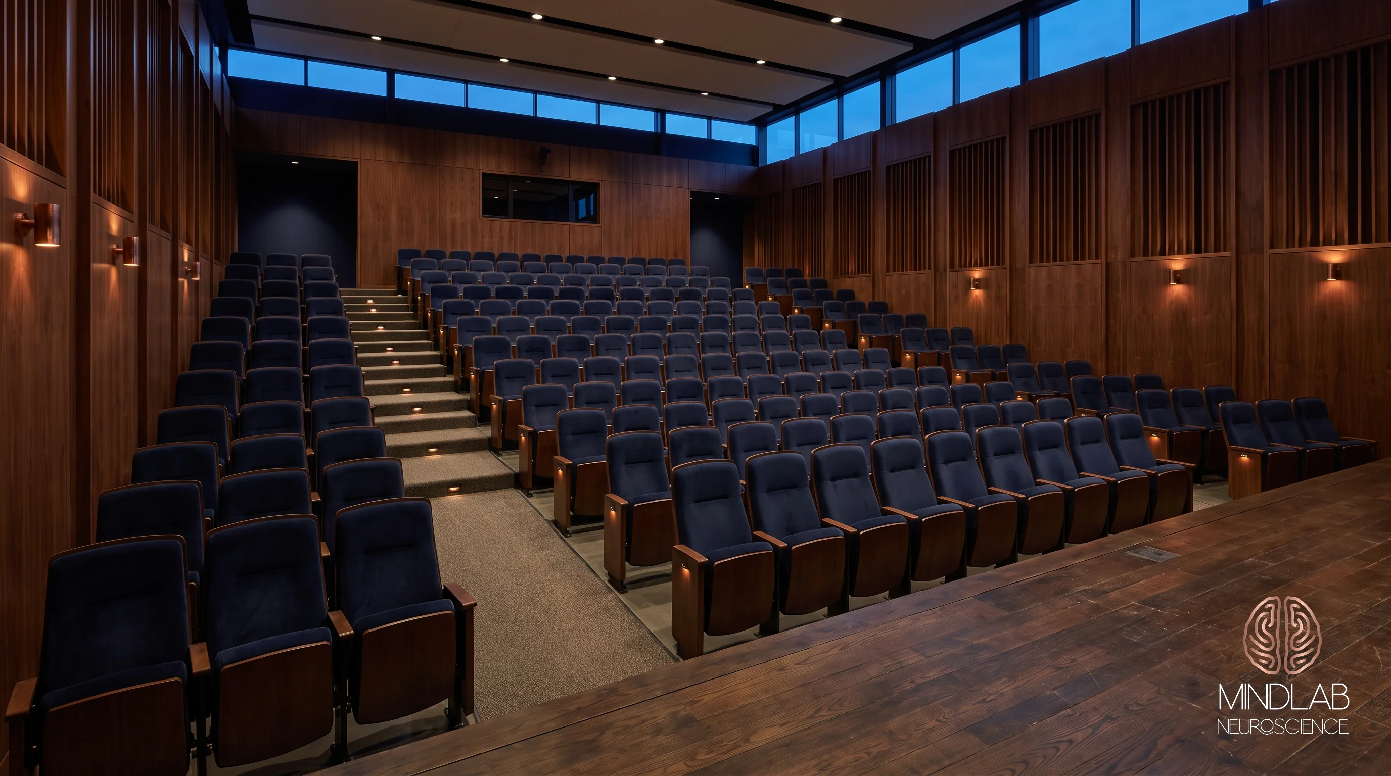 An empty recital hall of navy seats, walnut-paneled walls and high windows, seen from the wooden stage