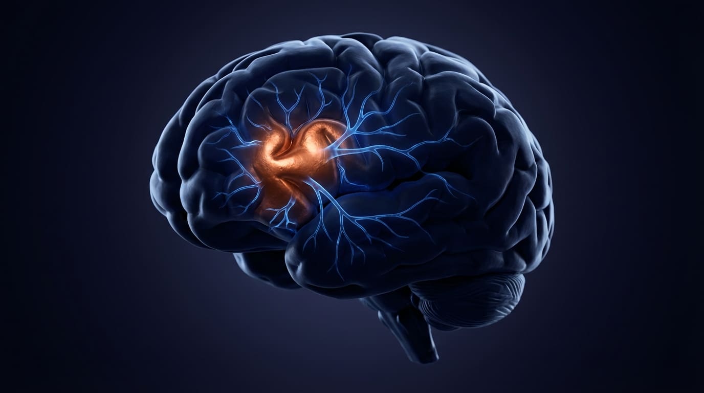 Copper anterior cingulate cortex with radiating blue pain signal pathways