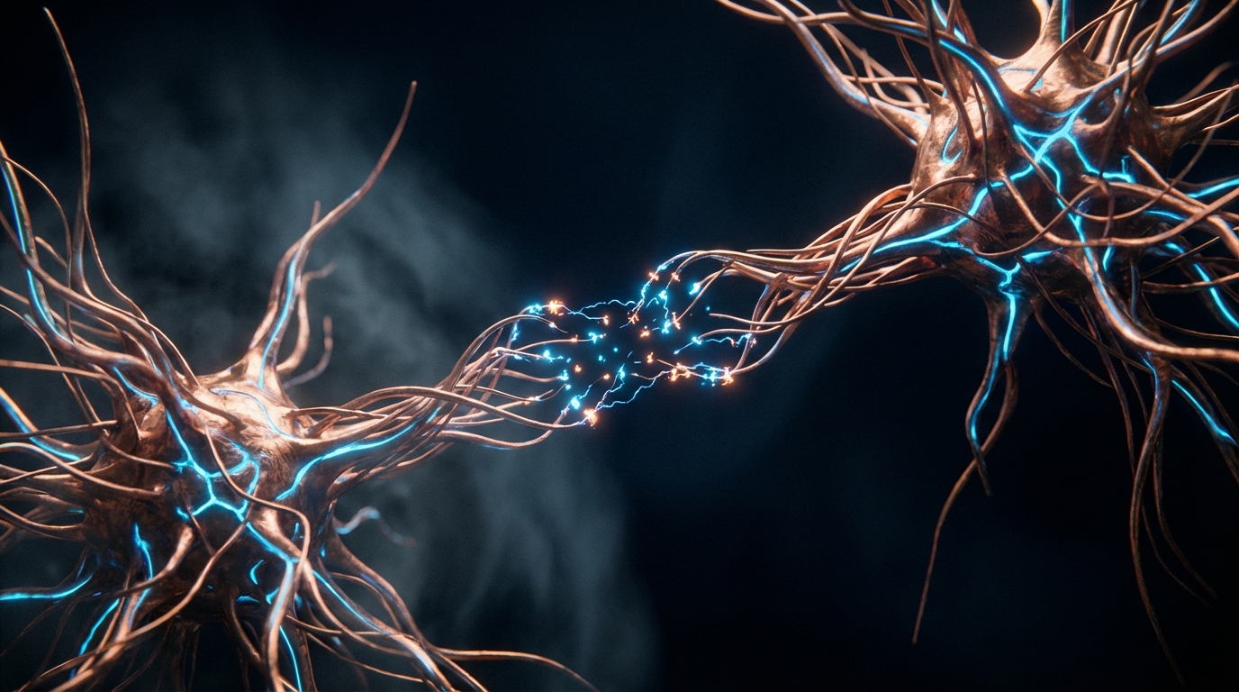 Copper neural pathways reaching toward each other with blue synaptic sparks