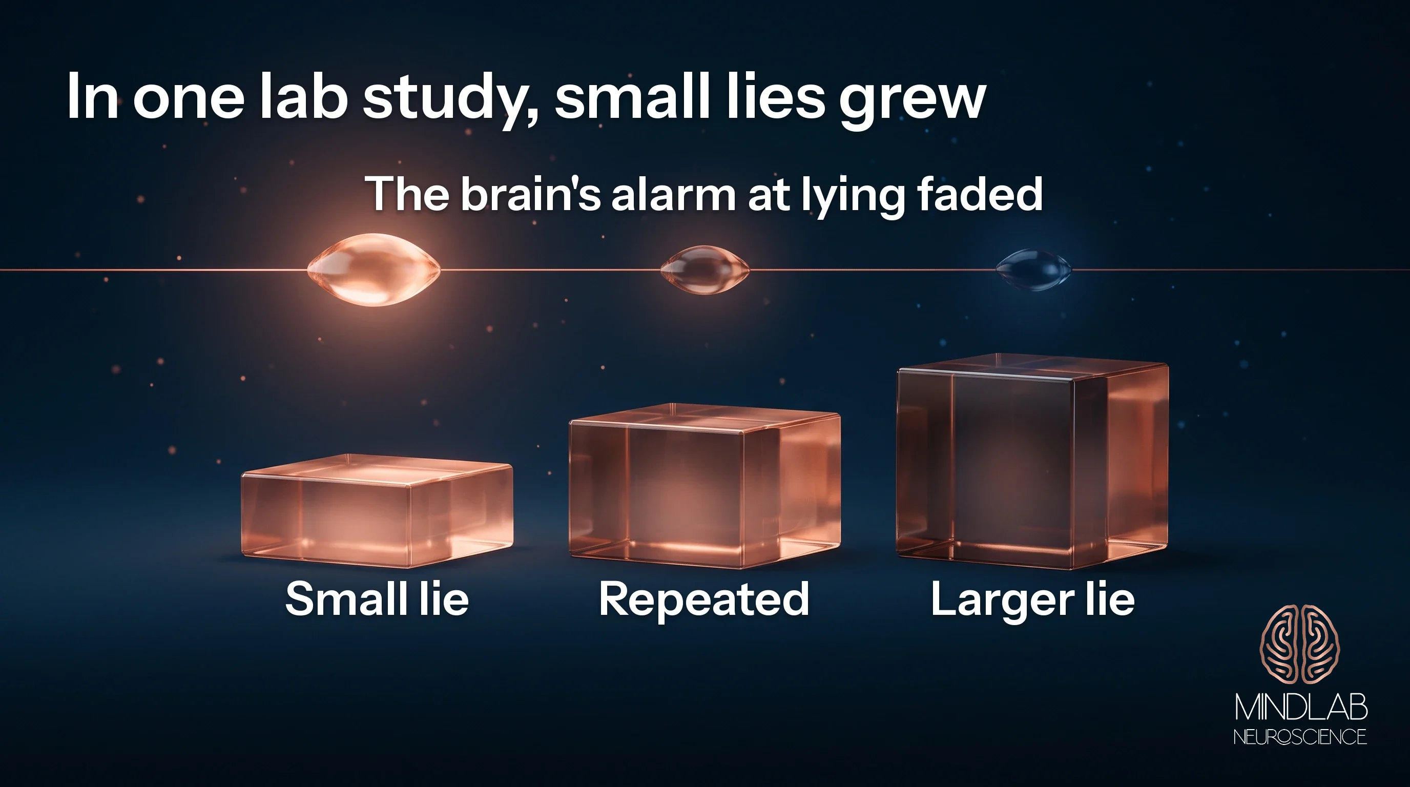 Illustration: three glass amygdalae fade from copper to blue above growing steps, as small lies grew in one lab study.