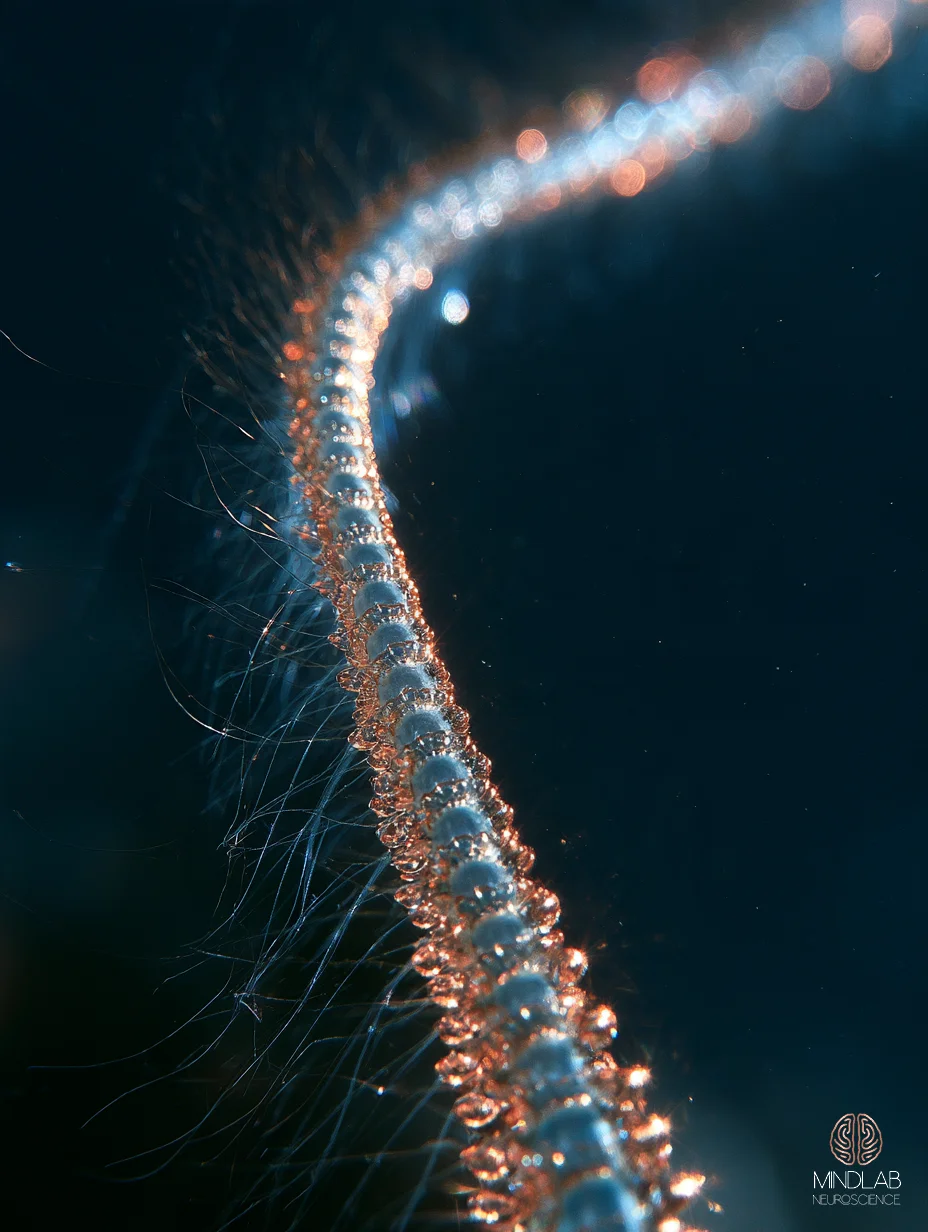 Close-up of a single nerve fiber beaded with copper and blue light, a pathway that strengthens each time it is used.