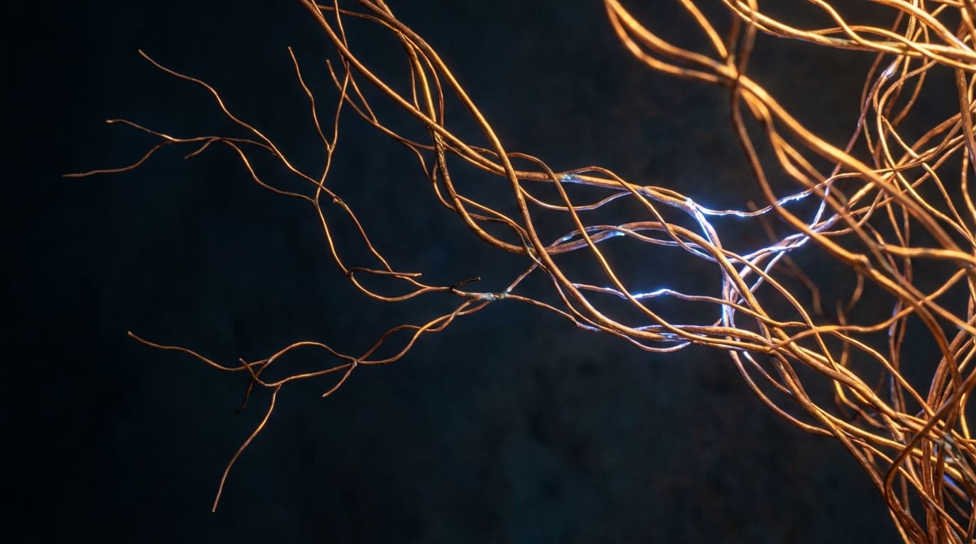 Copper neural architecture transitioning from sparse to dense with new blue pathways